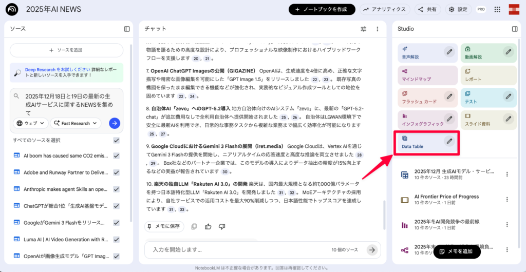 【NotebookLM】Data Tableの選び方