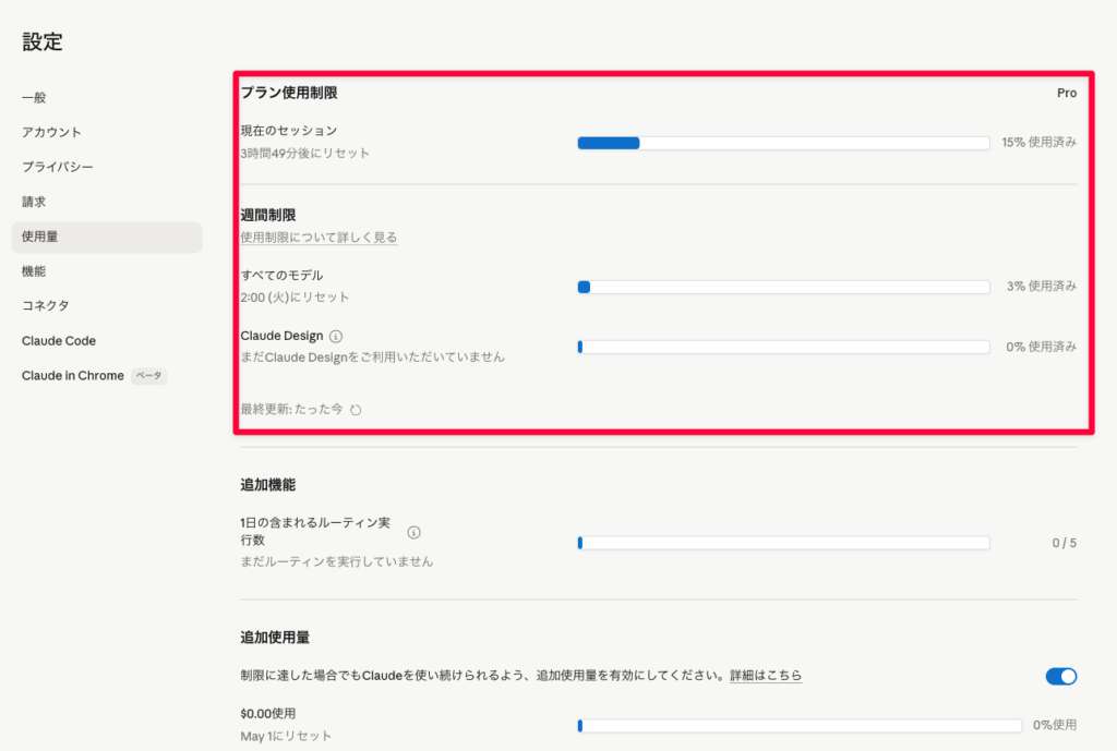 Claudeの設定メニューから使用量を開くと現在のレートリミットが確認できる