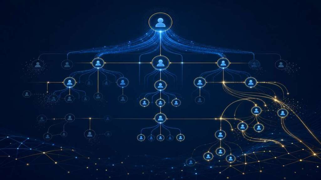 組織チャートとAIデータストリームの抽象的なイラスト