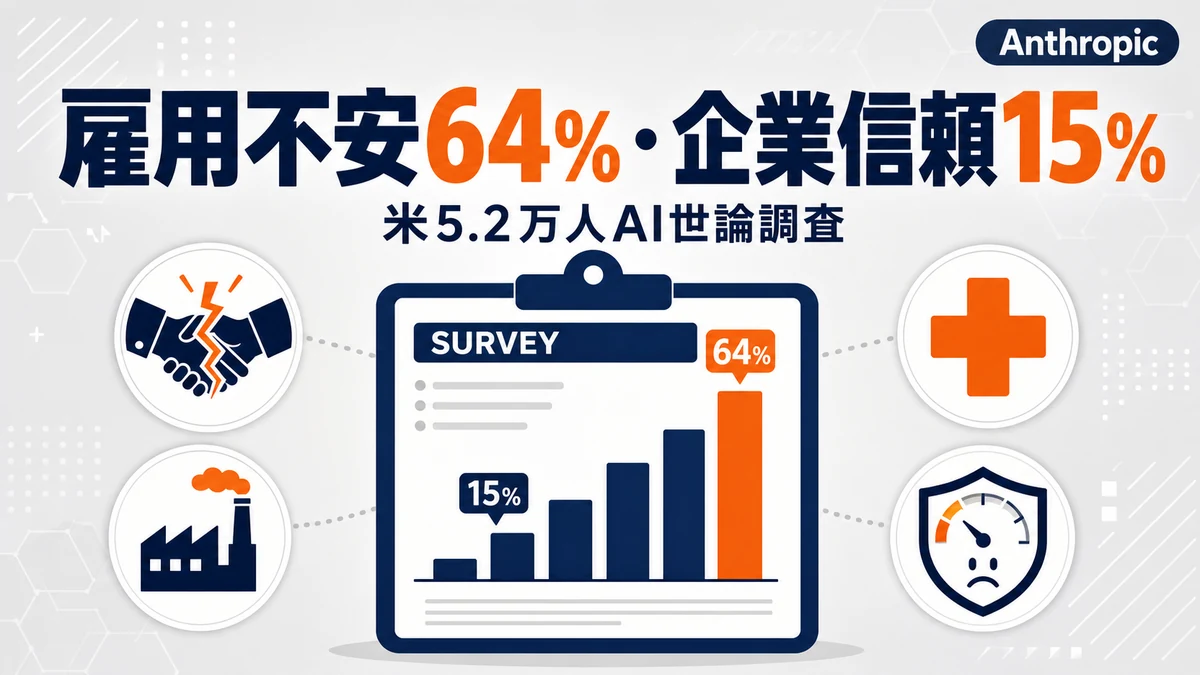 AI世論調査 - Anthropicが米5.2万人のAI世論調査を公開。雇用不安64%・企業信頼15%