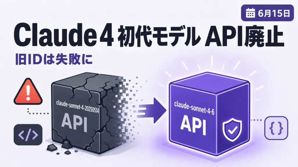 Claude 4 API廃止 - Claude 4 初代モデルが6月15日にAPI廃止。旧IDのリクエストは失敗に