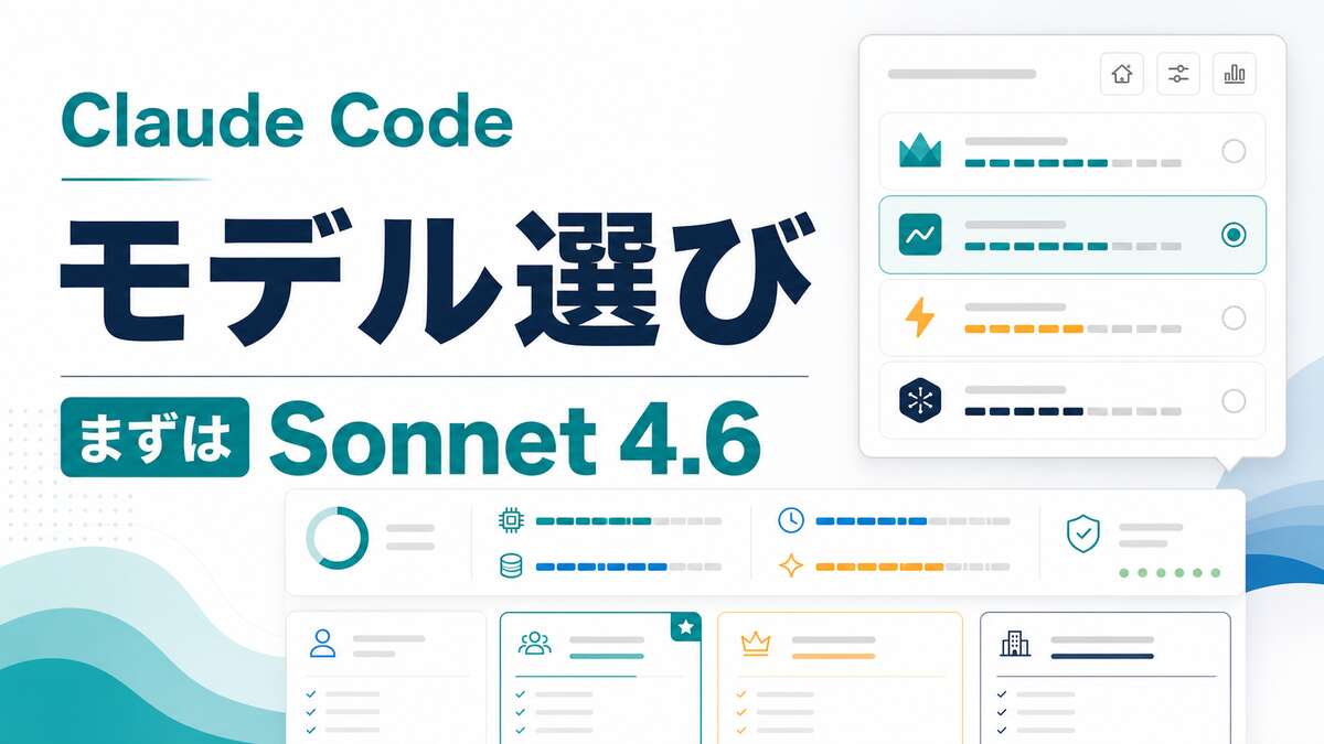 Claude Codeのモデル選びを表すサムネイル。まずはSonnet 4.6を選ぶことを示している。