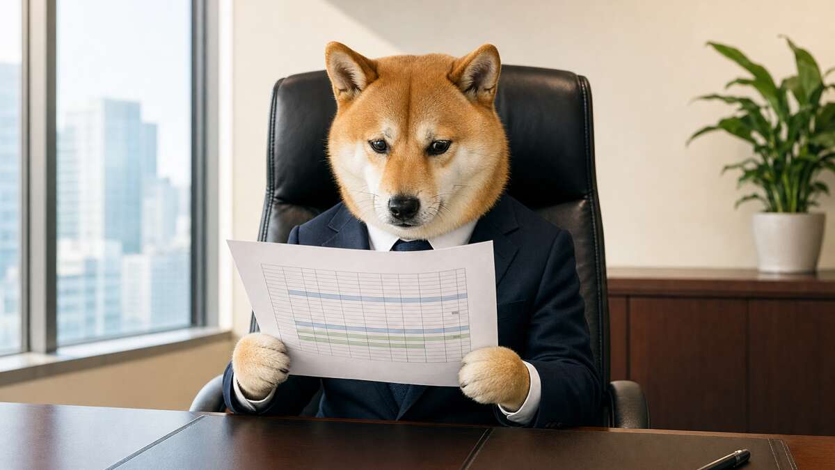 スーツを着た柴犬の社長が資料を上下逆さまに読んでいる面白い画像の作例