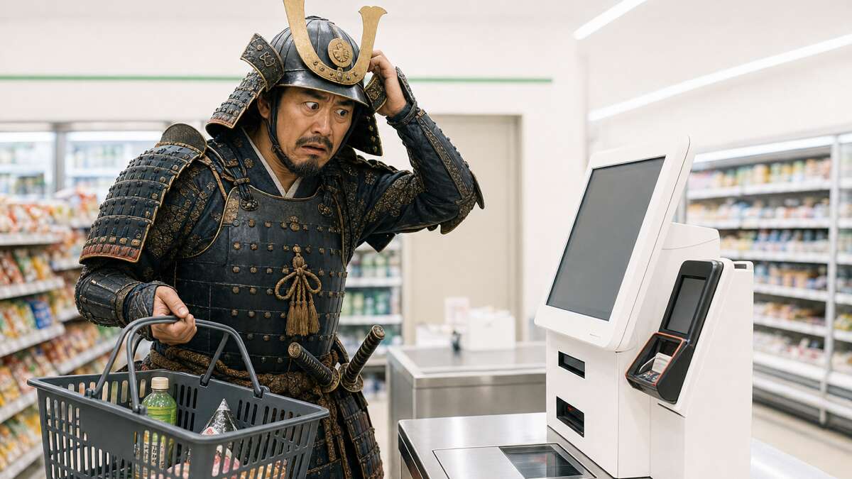 戦国時代の武将がコンビニのセルフレジに困惑している面白い画像の作例