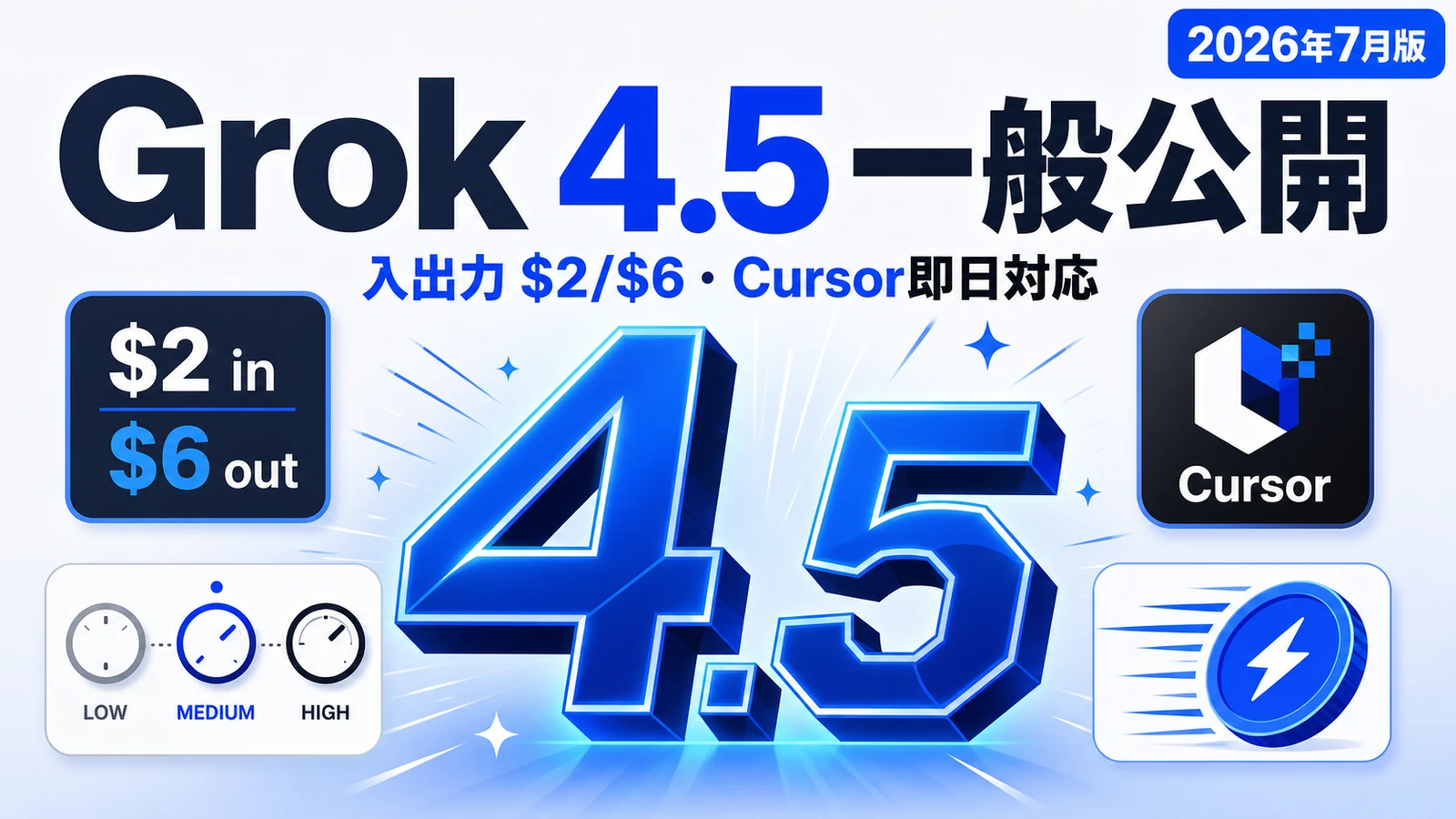 Grok 4.5 - Grok 4.5 が一般公開。入出力 2ドル/6ドル で、Cursor から即日使える