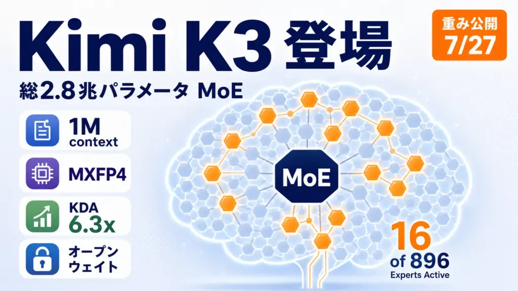 Kimi K3 - Kimi K3 が総2.8兆パラメータで登場。重みの公開は7月27日、APIは即日