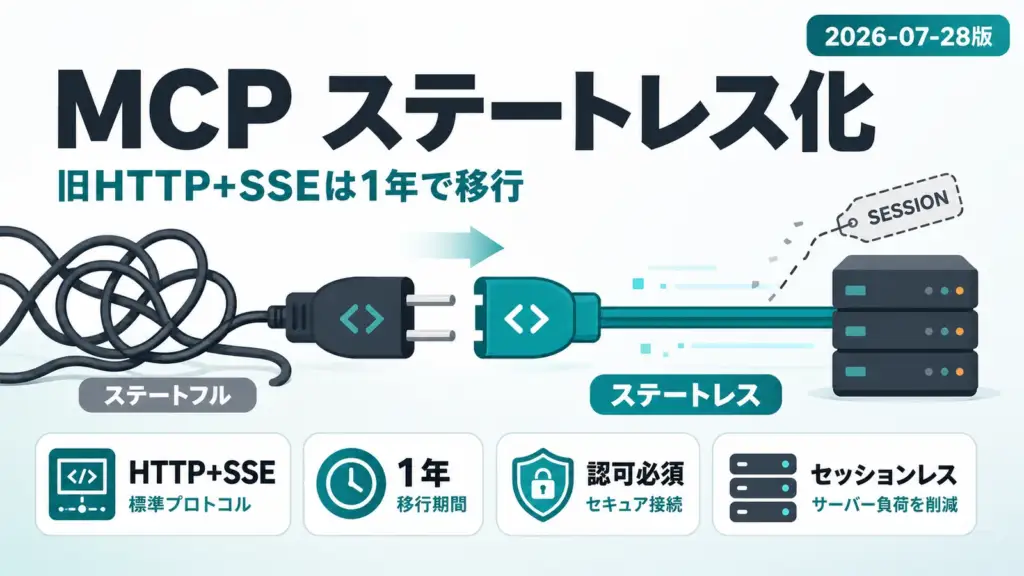 MCP 2026-07-28 - MCPがセッションを廃止しステートレス化。旧HTTP+SSEは1年で移行へ