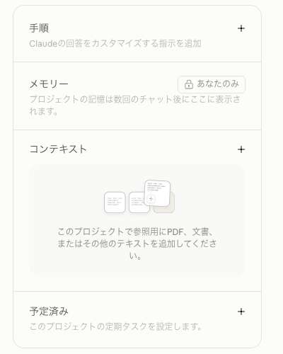 Claudeのプロジェクト画面右側にある手順・メモリー・コンテキスト・予定済みの4つの欄