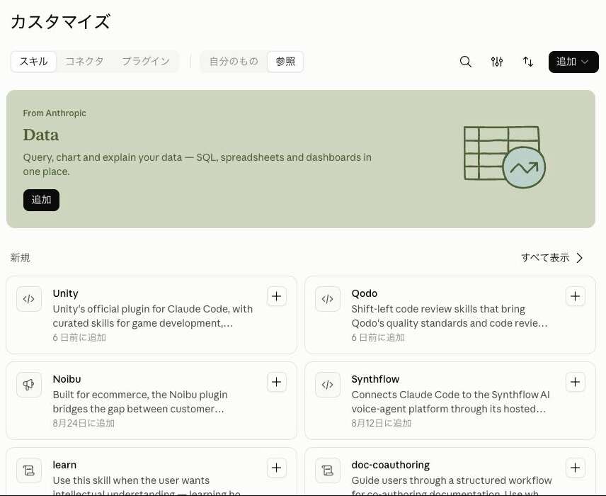 Claudeのカスタマイズ画面「スキル」→「参照」タブ。Anthropic製と他社製のスキルがカードで並び、右上の「＋」から追加できる