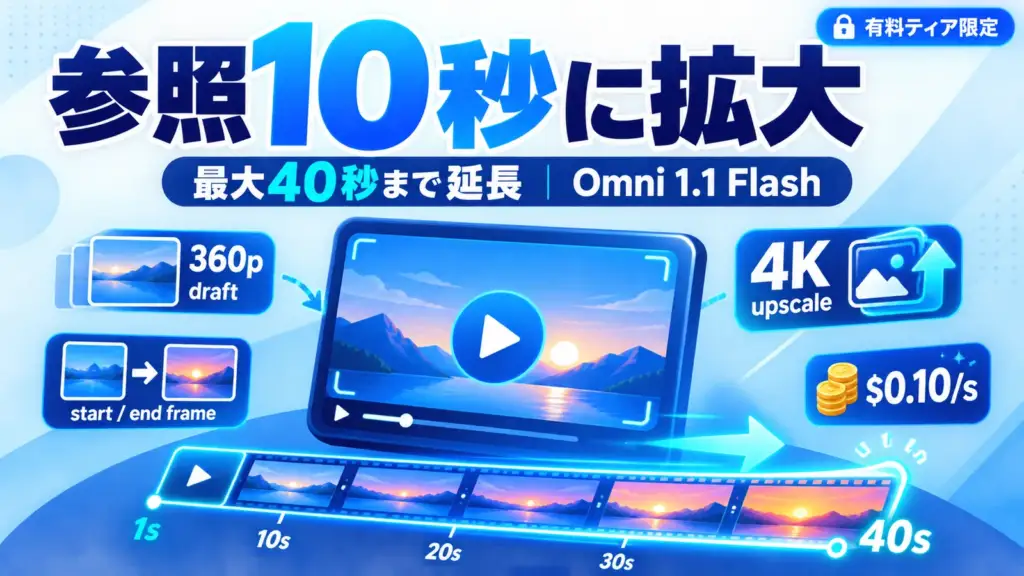 Gemini Omni 1.1 Flash - Gemini Omni 1.1 Flash、動画の続きを作る参照が1秒から10秒に。累計40秒まで