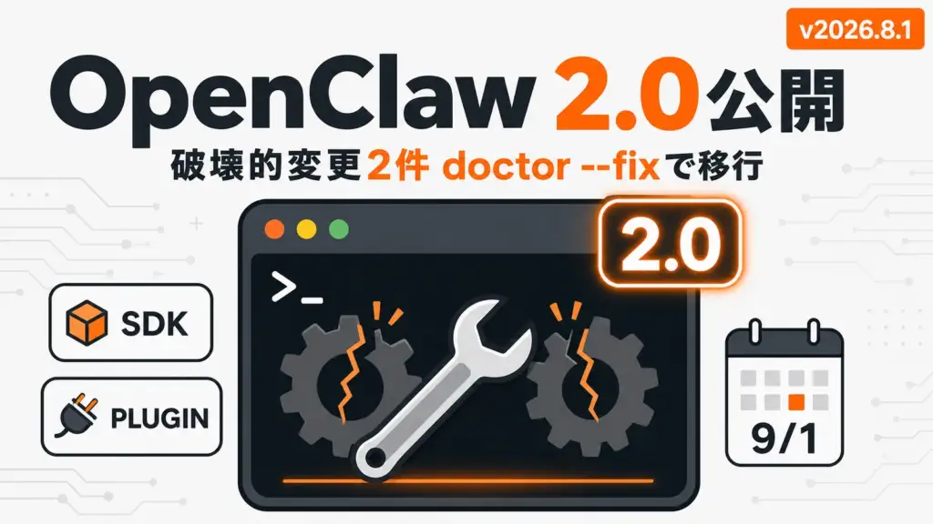 OpenClaw 2.0 - OpenClaw 2.0が公開。破壊的変更2件はdoctor --fixで移行が必要