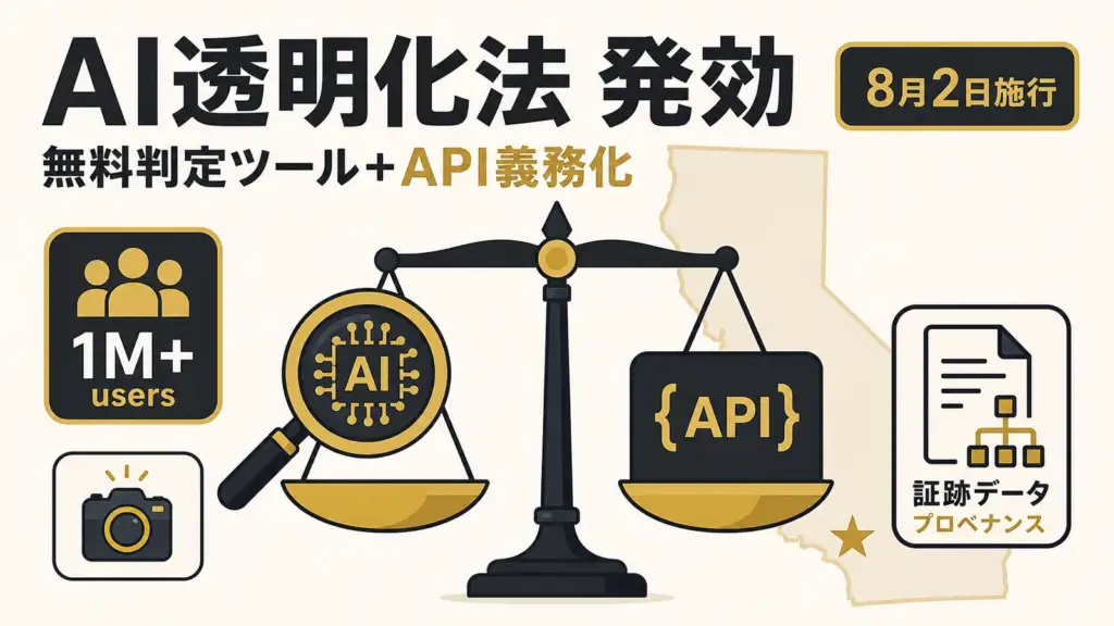 カリフォルニア AI透明化法 - 月100万人超の生成AIに「無料判定ツール+API」を義務化。米加州法が8月2日発効