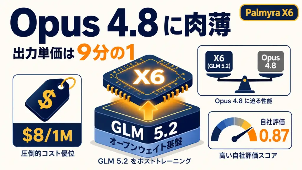 Palmyra X6 - WRITERの新モデルはオープンモデルの事後学習。出力単価9分の1でOpus 4.8に並ぶ