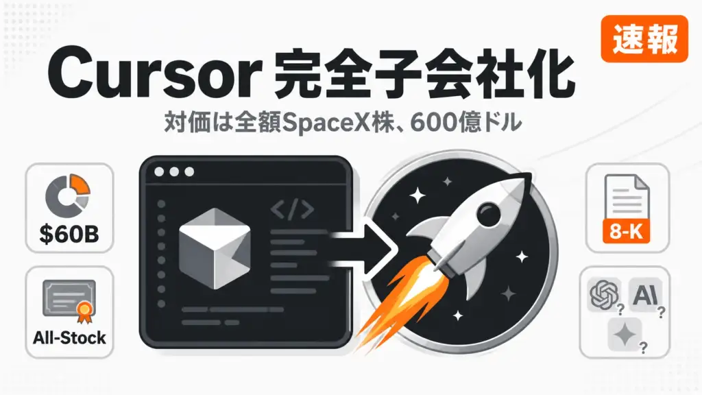 CursorのSpaceX買収 - Cursorの買収が完了、SpaceXの完全子会社に。Claude・GPTの扱いは記載なし