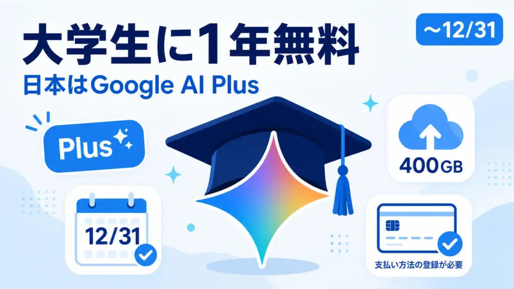 Google AI Plus 学生無料 - Googleが大学生に1年無料。日本の対象はGoogle AI Plus、申込は12月31日まで
