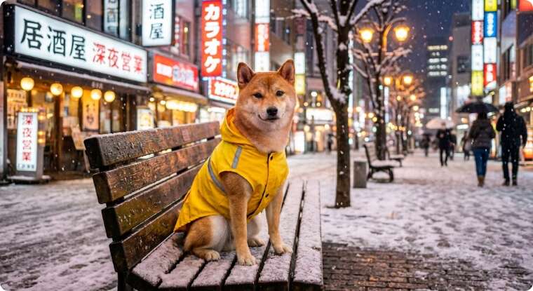 編集後:背景だけが雪の降る夜の街並みに変わり、柴犬とレインコートはそのままの画像