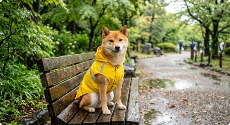 編集前:雨上がりの公園のベンチに座る、黄色いレインコートを着た柴犬