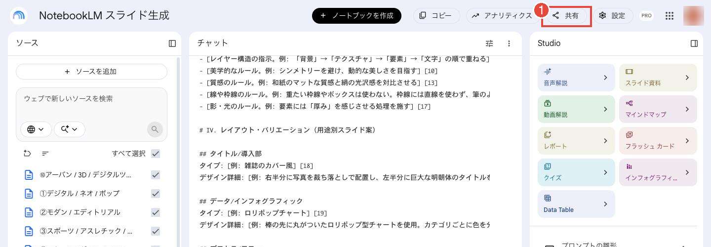 Gemini Notebookのノートブック画面。右上の「共有」ボタンに①の赤枠