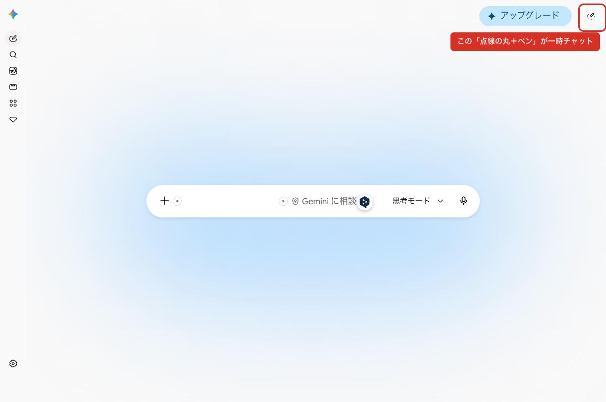 Geminiの画面右上にある点線の丸で囲まれたペンのアイコン(一時チャット)の位置