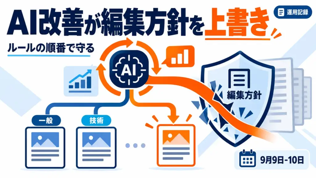 AIが自分で足した改善で、朝の記事が技術者向けに偏った。編集方針はルールの順番で守る