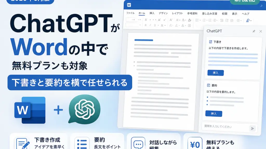 ChatGPTがWordの中で使えるように。無料プランも対象、下書きと要約を横で任せられる