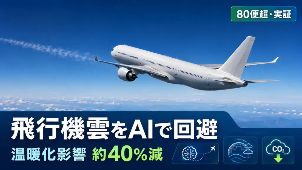 飛行機雲のAI回避 - Googleが飛行機雲をAIで避ける実証。80便超で温暖化影響を約4割減と推定