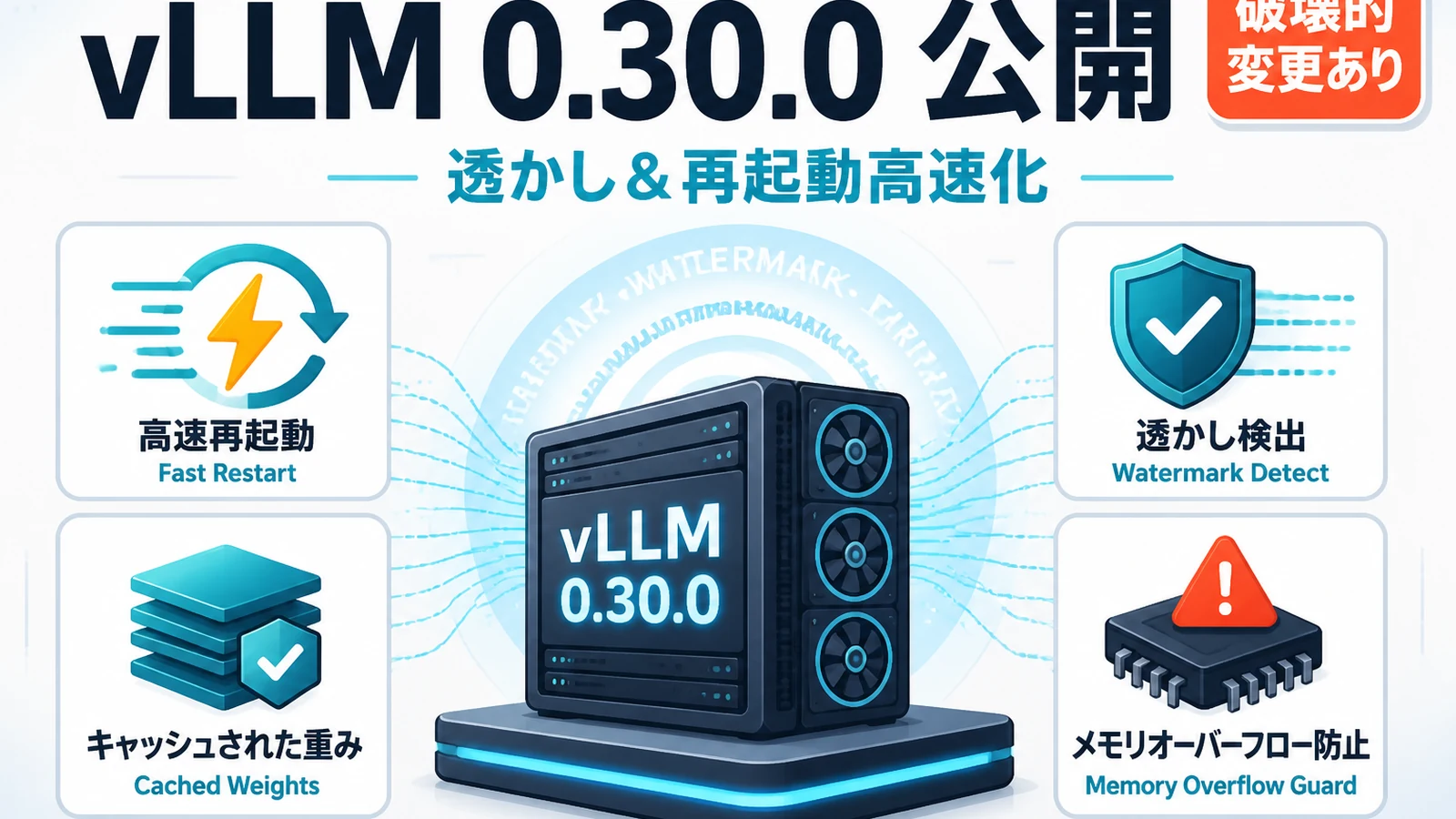 vLLM 0.30.0 - LLM推論のvLLM 0.30.0公開。生成文に電子透かし、再起動の重み再読込も不要に