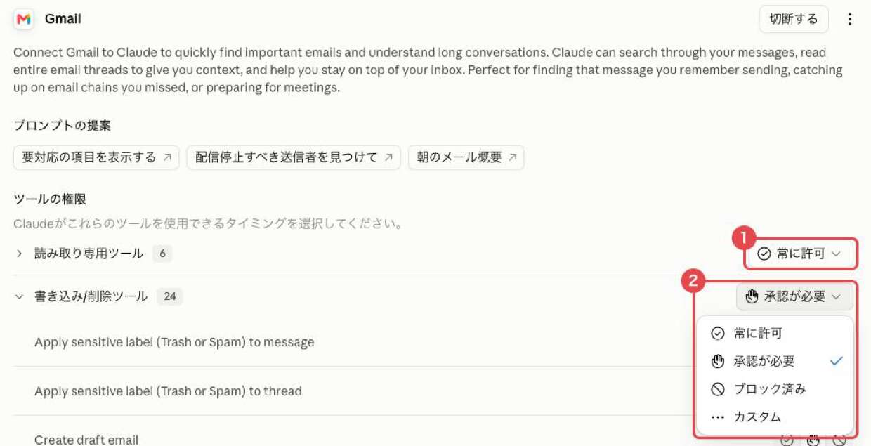 Gmailコネクタの「ツールの権限」。①読み取り専用ツールは「常に許可」、②書き込み/削除ツールは「承認が必要」。選択肢に常に許可・承認が必要・ブロック済み・カスタムが並ぶ