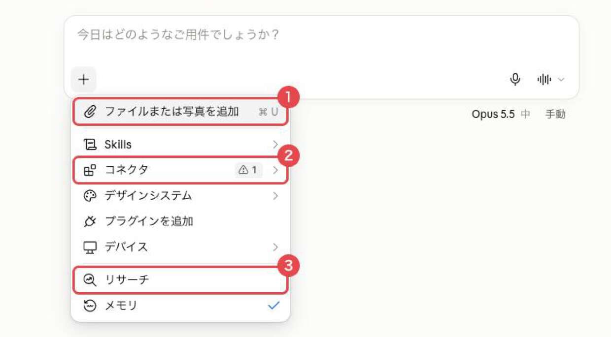 入力欄の「＋」を押して開いたメニュー。①「ファイルまたは写真を追加」、②「コネクタ」、③「リサーチ」を赤枠で示している